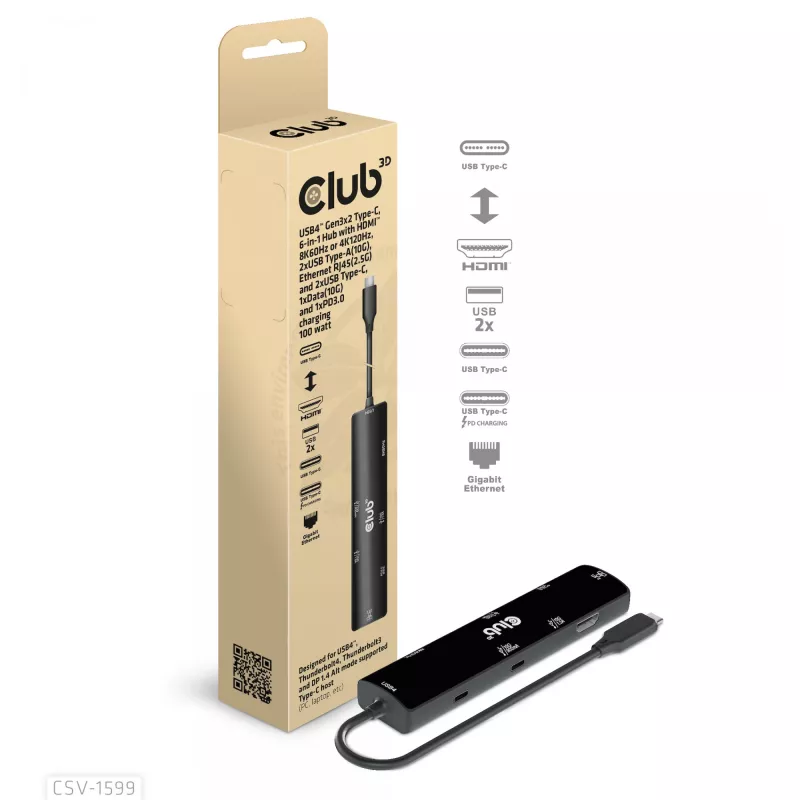 CLUB3D USB4™ Gen3x2 Type-C, 6 viename šakotuvas su HDMI™ 8K60Hz arba 4K120Hz, 2xUSB Typee-A(10G), Ethernet RJ45(2.5G) ir 2xUSB Type-C, 1x Data(10G) ir 1xPD3.0 įkrovimas 100 W