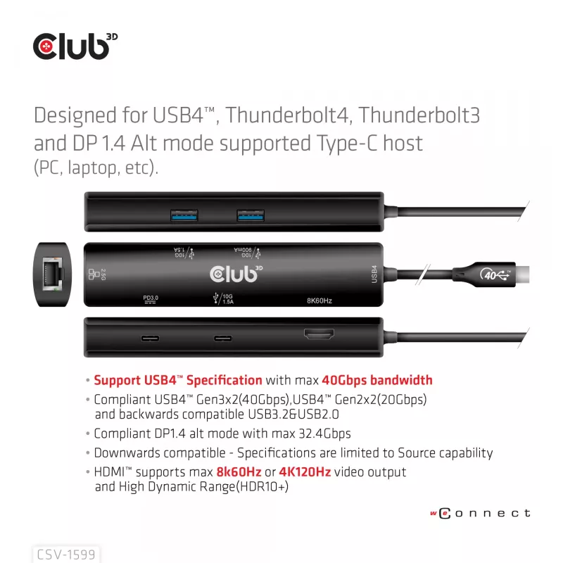 CLUB3D USB4™ Gen3x2 Type-C, 6 viename šakotuvas su HDMI™ 8K60Hz arba 4K120Hz, 2xUSB Typee-A(10G), Ethernet RJ45(2.5G) ir 2xUSB Type-C, 1x Data(10G) ir 1xPD3.0 įkrovimas 100 W