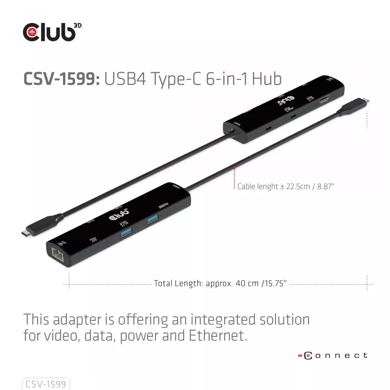 CLUB3D USB4™ Gen3x2 Type-C, 6 viename šakotuvas su HDMI™ 8K60Hz arba 4K120Hz, 2xUSB Typee-A(10G), Ethernet RJ45(2.5G) ir 2xUSB Type-C, 1x Data(10G) ir 1xPD3.0 įkrovimas 100 W