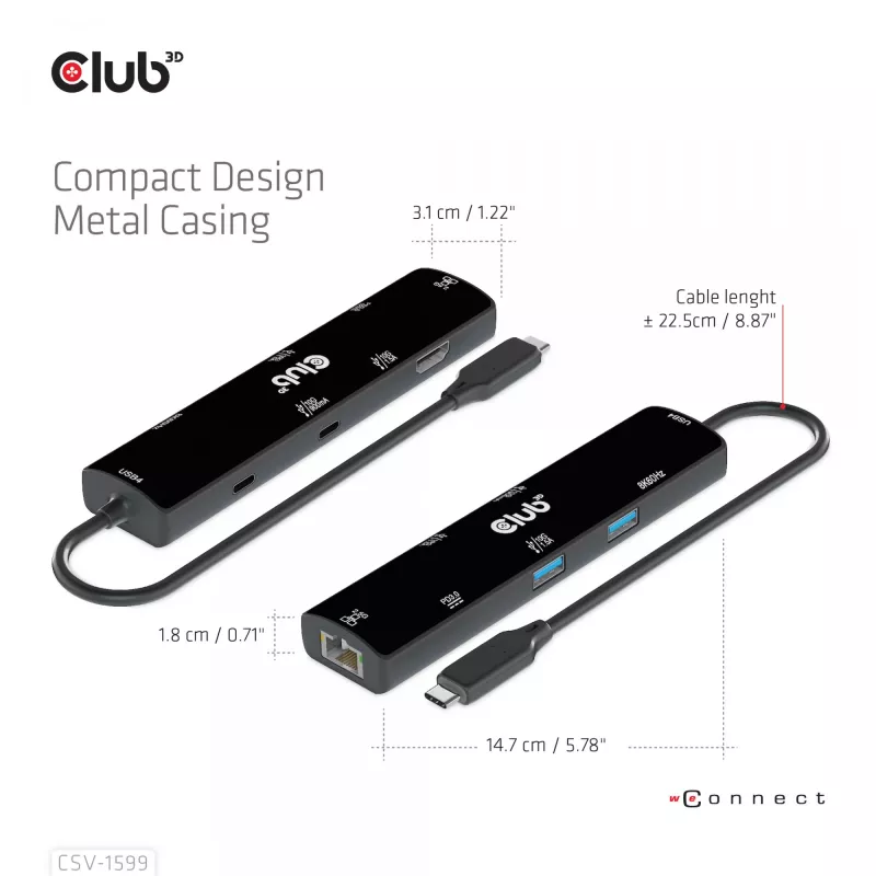 CLUB3D USB4™ Gen3x2 Type-C, 6 viename šakotuvas su HDMI™ 8K60Hz arba 4K120Hz, 2xUSB Typee-A(10G), Ethernet RJ45(2.5G) ir 2xUSB Type-C, 1x Data(10G) ir 1xPD3.0 įkrovimas 100 W