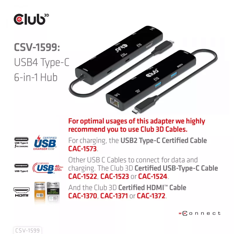CLUB3D USB4™ Gen3x2 Type-C, 6 viename šakotuvas su HDMI™ 8K60Hz arba 4K120Hz, 2xUSB Typee-A(10G), Ethernet RJ45(2.5G) ir 2xUSB Type-C, 1x Data(10G) ir 1xPD3.0 įkrovimas 100 W