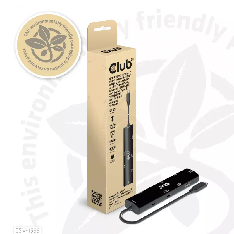 CLUB3D USB4™ Gen3x2 Type-C, 6 viename šakotuvas su HDMI™ 8K60Hz arba 4K120Hz, 2xUSB Typee-A(10G), Ethernet RJ45(2.5G) ir 2xUSB Type-C, 1x Data(10G) ir 1xPD3.0 įkrovimas 100 W