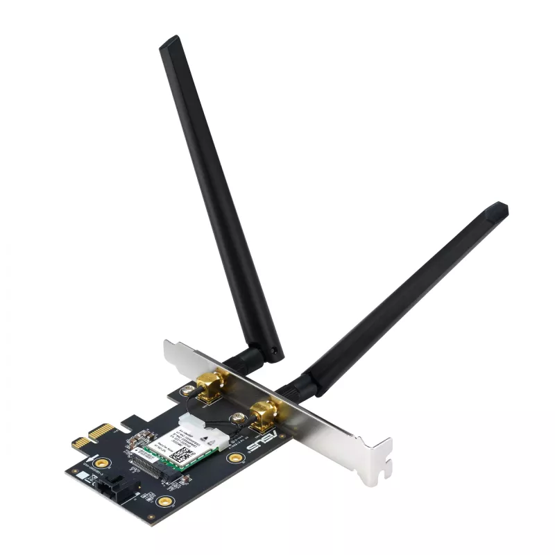 Vidinė WLAN kortelė ASUS PCE-AXE5400 — PCIe, trijų dažnių „Wi‑Fi 6E“ (2,4/5/6 GHz), 2402 Mbps, „Bluetooth 5.2“