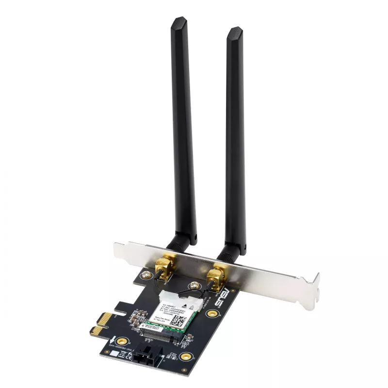 Vidinė WLAN kortelė ASUS PCE-AXE5400 — PCIe, trijų dažnių „Wi‑Fi 6E“ (2,4/5/6 GHz), 2402 Mbps, „Bluetooth 5.2“