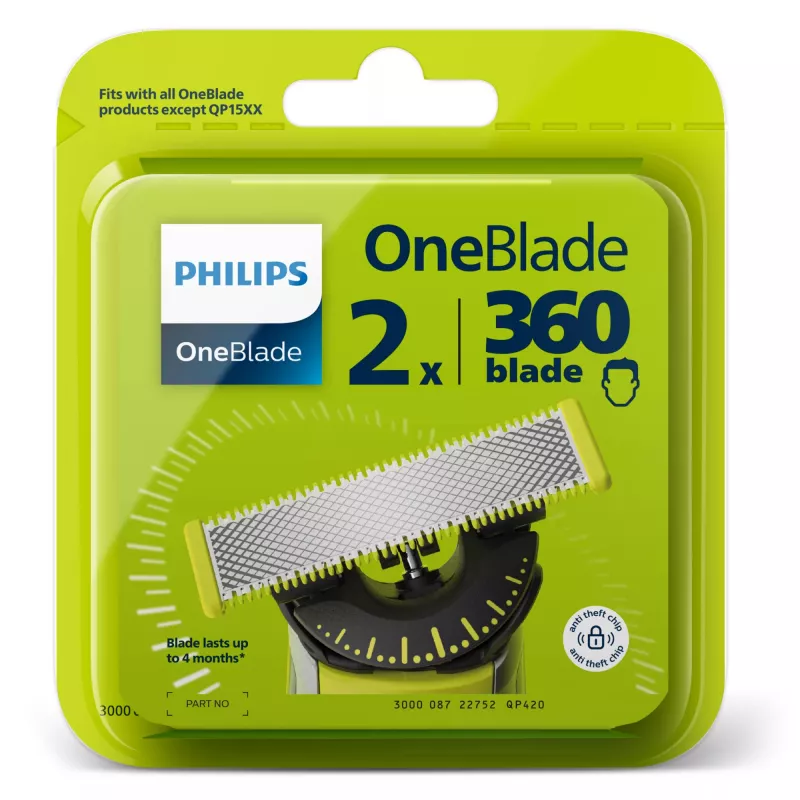 Skutimosi galvutė Philips Norelco OneBlade QP420/50, sidabrinė, 2 atsarginės galvutės, suderinama su Philips OneBlade
