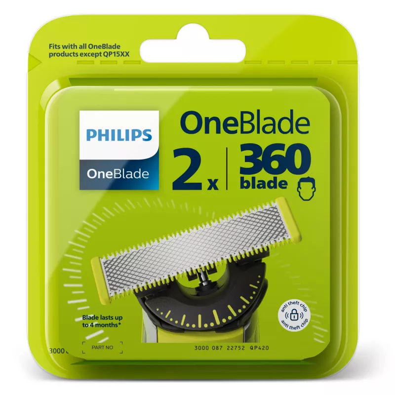 Skutimosi galvutė Philips Norelco OneBlade QP420/50, sidabrinė, 2 atsarginės galvutės, suderinama su Philips OneBlade