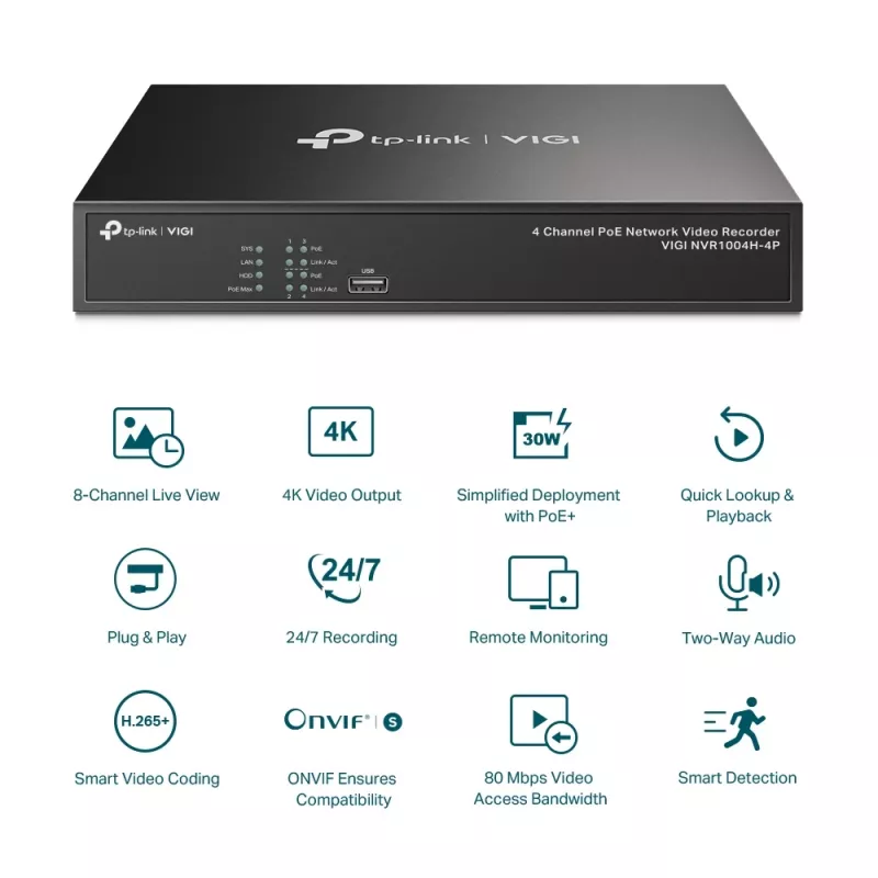 TP-Link VIGI 4 kanalų PoE+ tinklo vaizdo registratorius