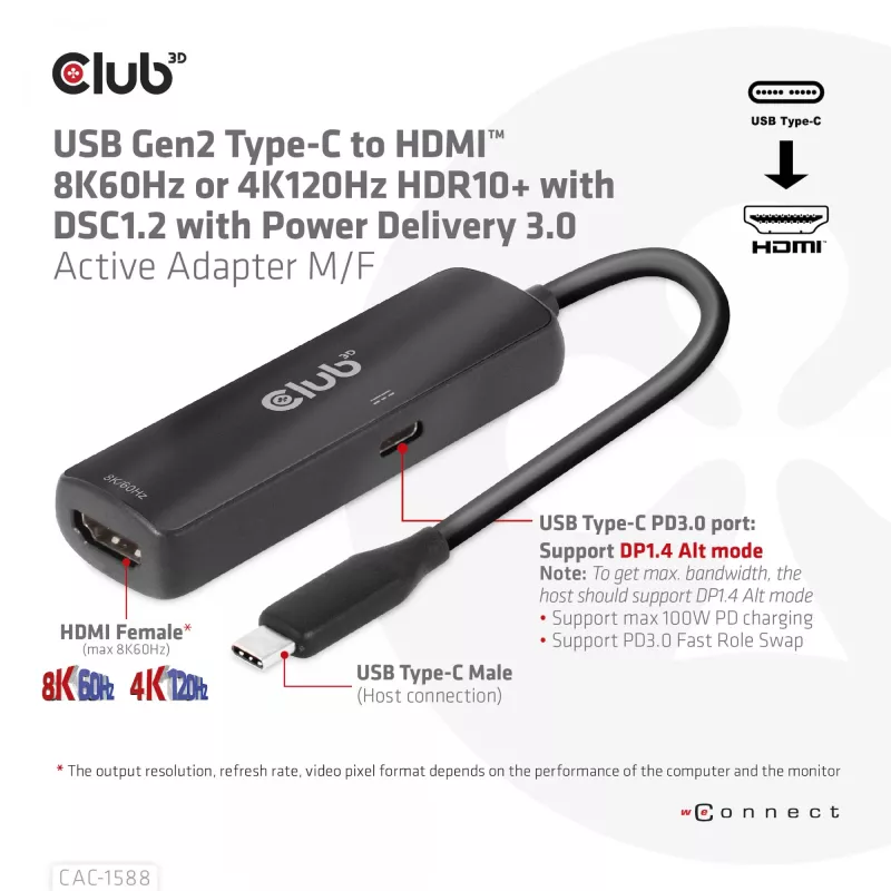 CLUB3D USB Gen2 Type-C į HDMI™ 8K60Hz arba 4K120Hz HDR10+ su DSC1.2 ir Power Delivery 3.0 aktyvus adapteris M/F