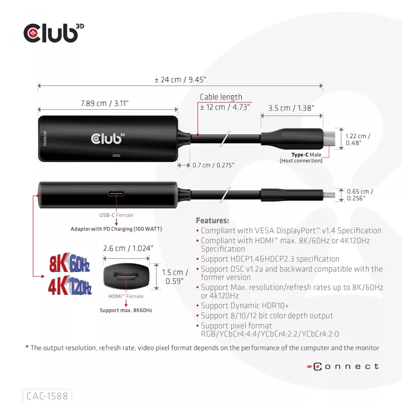 CLUB3D USB Gen2 Type-C į HDMI™ 8K60Hz arba 4K120Hz HDR10+ su DSC1.2 ir Power Delivery 3.0 aktyvus adapteris M/F