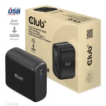 CLUB3D kelioninis įkroviklis 100 W GaN technologija, USB-IF TID sertifikuotas, vienas USB Type-C prievadas, palaiko Power Delivery (PD) 3.0