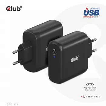 CLUB3D kelioninis įkroviklis 100 W GaN technologija, USB-IF TID sertifikuotas, vienas USB Type-C prievadas, palaiko Power Delivery (PD) 3.0