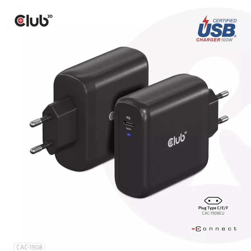 CLUB3D kelioninis įkroviklis 100 W GaN technologija, USB-IF TID sertifikuotas, vienas USB Type-C prievadas, palaiko Power Delivery (PD) 3.0