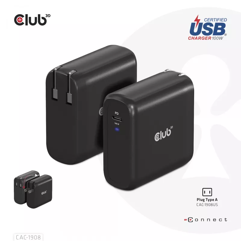 CLUB3D kelioninis įkroviklis 100 W GaN technologija, USB-IF TID sertifikuotas, vienas USB Type-C prievadas, palaiko Power Delivery (PD) 3.0