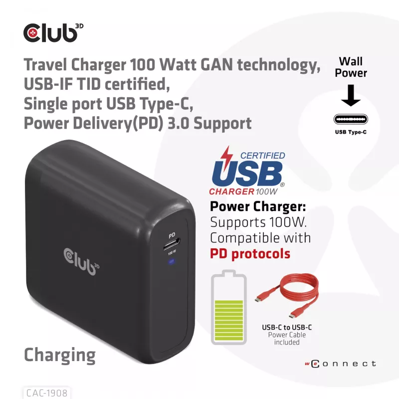CLUB3D kelioninis įkroviklis 100 W GaN technologija, USB-IF TID sertifikuotas, vienas USB Type-C prievadas, palaiko Power Delivery (PD) 3.0