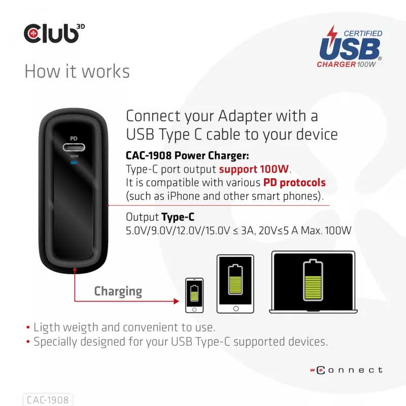 CLUB3D kelioninis įkroviklis 100 W GaN technologija, USB-IF TID sertifikuotas, vienas USB Type-C prievadas, palaiko Power Delivery (PD) 3.0