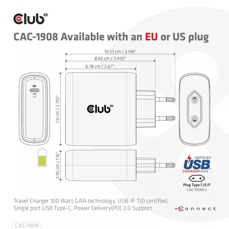 CLUB3D kelioninis įkroviklis 100 W GaN technologija, USB-IF TID sertifikuotas, vienas USB Type-C prievadas, palaiko Power Delivery (PD) 3.0