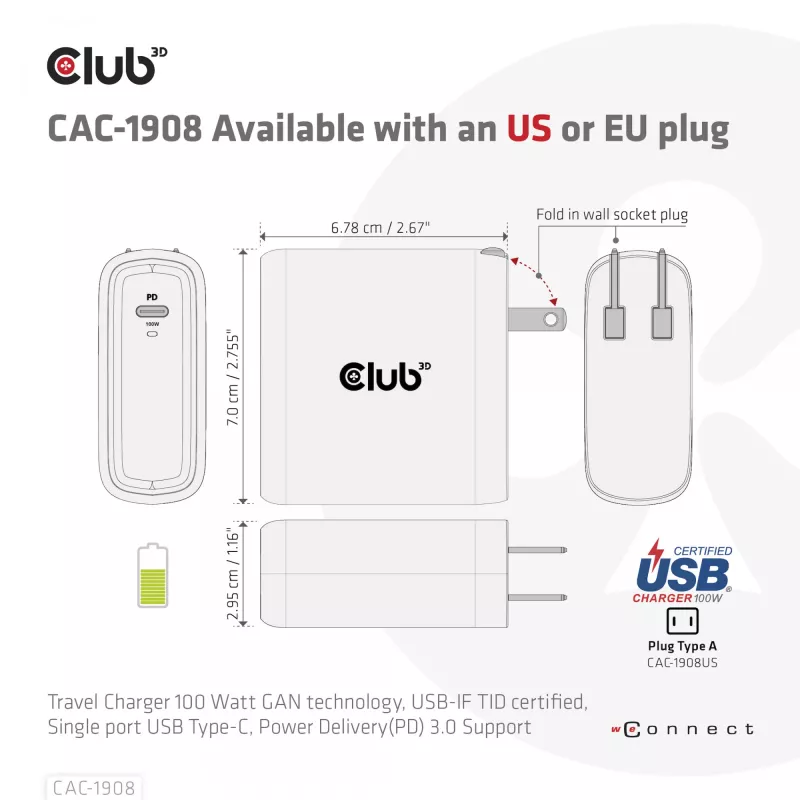 CLUB3D kelioninis įkroviklis 100 W GaN technologija, USB-IF TID sertifikuotas, vienas USB Type-C prievadas, palaiko Power Delivery (PD) 3.0