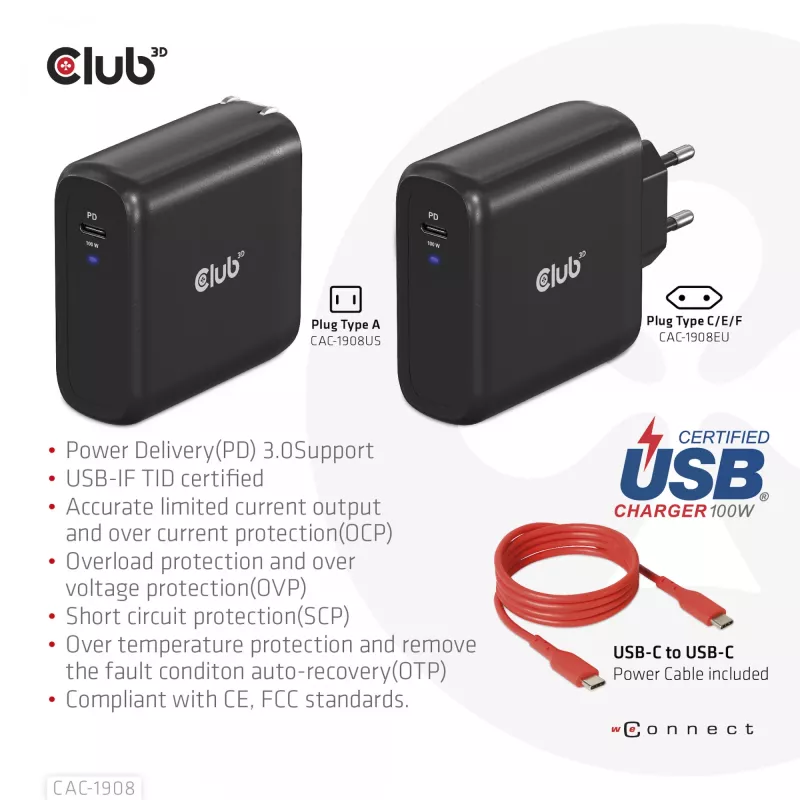 CLUB3D kelioninis įkroviklis 100 W GaN technologija, USB-IF TID sertifikuotas, vienas USB Type-C prievadas, palaiko Power Delivery (PD) 3.0
