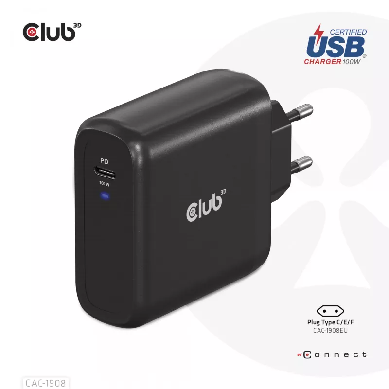 CLUB3D kelioninis įkroviklis 100 W GaN technologija, USB-IF TID sertifikuotas, vienas USB Type-C prievadas, palaiko Power Delivery (PD) 3.0