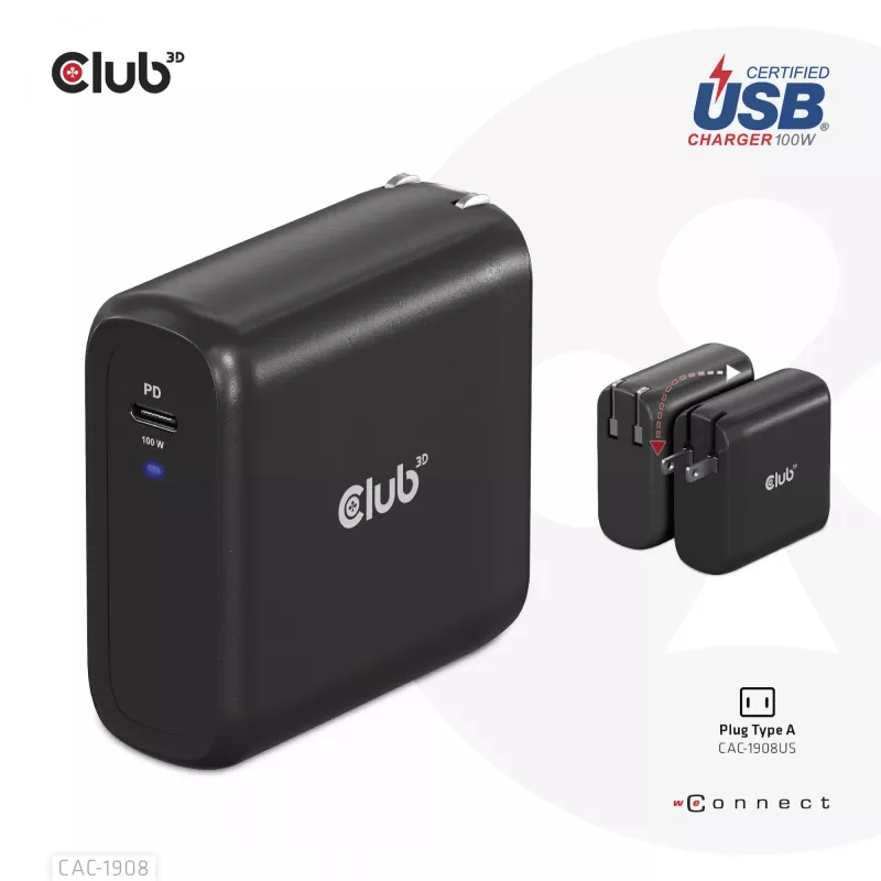 CLUB3D kelioninis įkroviklis 100 W GaN technologija, USB-IF TID sertifikuotas, vienas USB Type-C prievadas, palaiko Power Delivery (PD) 3.0