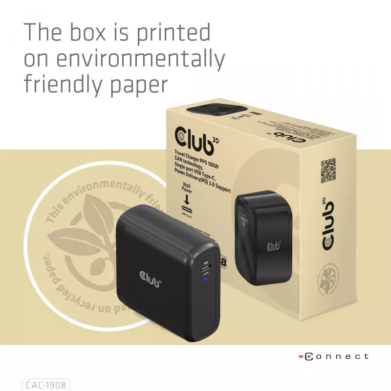 CLUB3D kelioninis įkroviklis 100 W GaN technologija, USB-IF TID sertifikuotas, vienas USB Type-C prievadas, palaiko Power Delivery (PD) 3.0