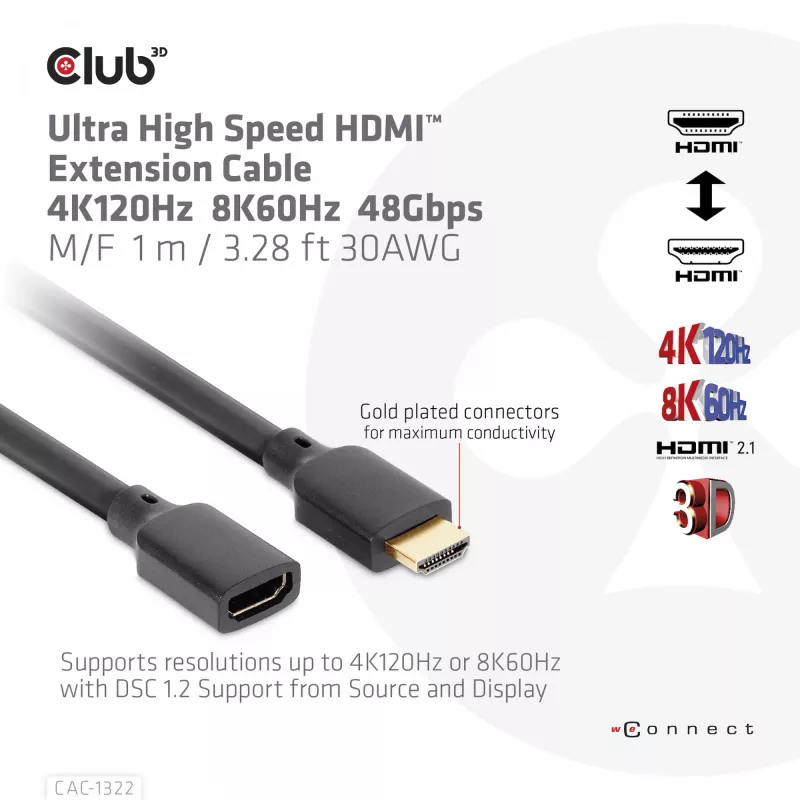 CLUB3D Ultra High Speed HDMI ilginimo kabelis 4K120Hz 8K60Hz 48Gbps M/F 1 m / 3,28 pėdos 30AWG