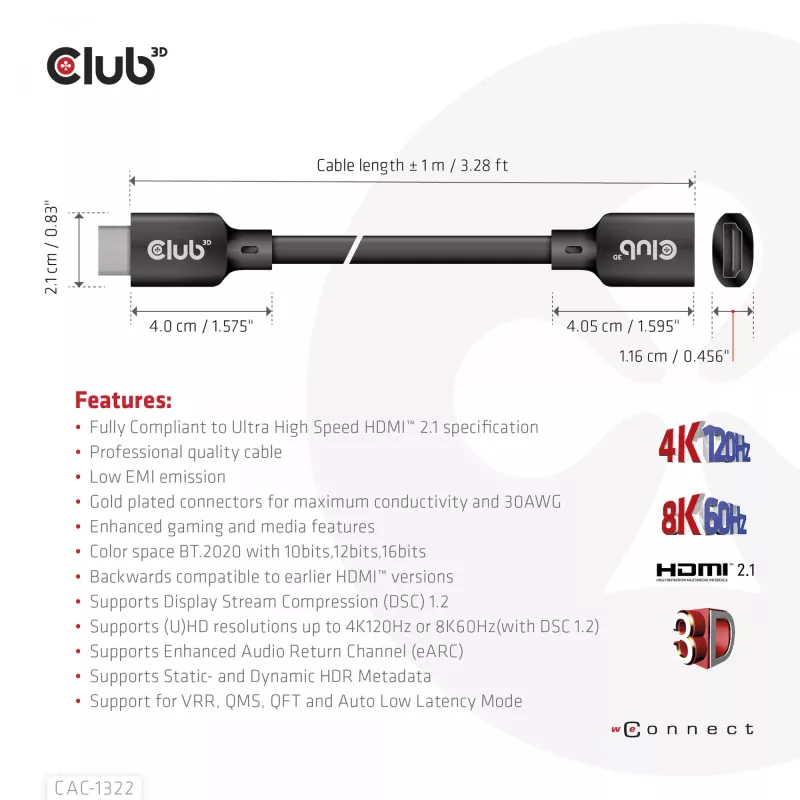 CLUB3D Ultra High Speed HDMI ilginimo kabelis 4K120Hz 8K60Hz 48Gbps M/F 1 m / 3,28 pėdos 30AWG