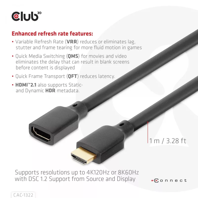 CLUB3D Ultra High Speed HDMI ilginimo kabelis 4K120Hz 8K60Hz 48Gbps M/F 1 m / 3,28 pėdos 30AWG