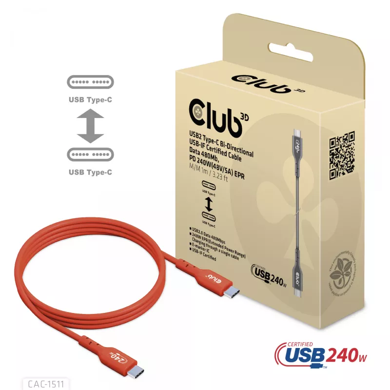 CLUB3D USB2 Type-C dvikryptis USB-IF sertifikuotas kabelis duomenims 480Mb, PD 240W(48V/5A) EPR M/M 1m / 3.23 ft