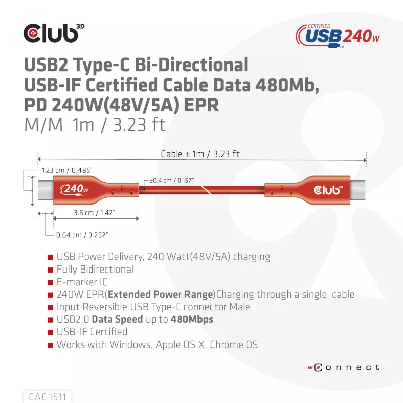 CLUB3D USB2 Type-C dvikryptis USB-IF sertifikuotas kabelis duomenims 480Mb, PD 240W(48V/5A) EPR M/M 1m / 3.23 ft
