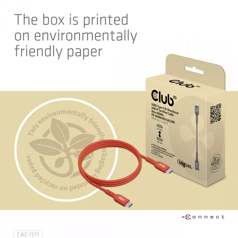 CLUB3D USB2 Type-C dvikryptis USB-IF sertifikuotas kabelis duomenims 480Mb, PD 240W(48V/5A) EPR M/M 1m / 3.23 ft