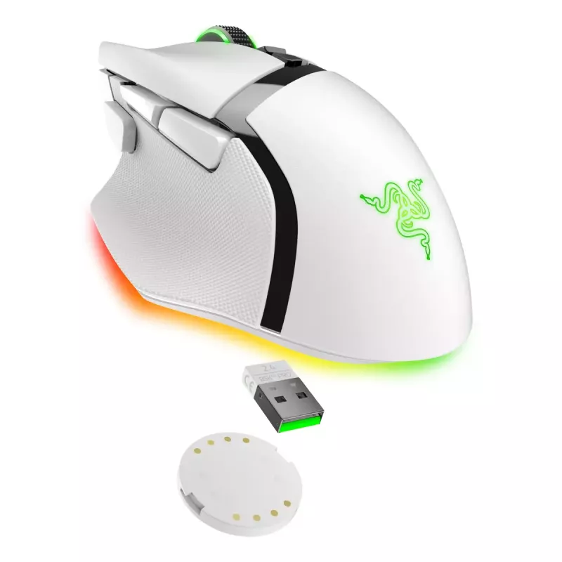 Žaidimų pelė Razer Basilisk V3 Pro — dešinei rankai, optinė 30 000 DPI, RF belaidis/Bluetooth/USB-C, balta