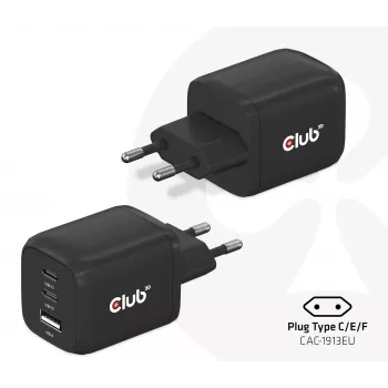 CLUB3D kelioninis įkroviklis PPS 65W GAN technologija, trigubas prievadas (2x USB Type-C + USB Type-A), palaiko Power Delivery (PD) 3.0