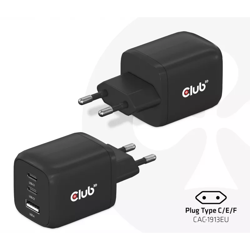 CLUB3D kelioninis įkroviklis PPS 65W GAN technologija, trigubas prievadas (2x USB Type-C + USB Type-A), palaiko Power Delivery (PD) 3.0