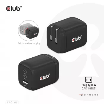CLUB3D kelioninis įkroviklis PPS 65W GAN technologija, trigubas prievadas (2x USB Type-C + USB Type-A), palaiko Power Delivery (PD) 3.0