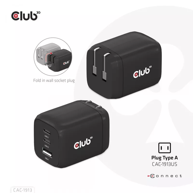 CLUB3D kelioninis įkroviklis PPS 65W GAN technologija, trigubas prievadas (2x USB Type-C + USB Type-A), palaiko Power Delivery (PD) 3.0