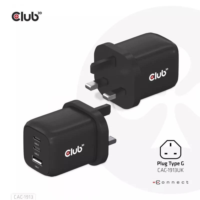 CLUB3D kelioninis įkroviklis PPS 65W GAN technologija, trigubas prievadas (2x USB Type-C + USB Type-A), palaiko Power Delivery (PD) 3.0