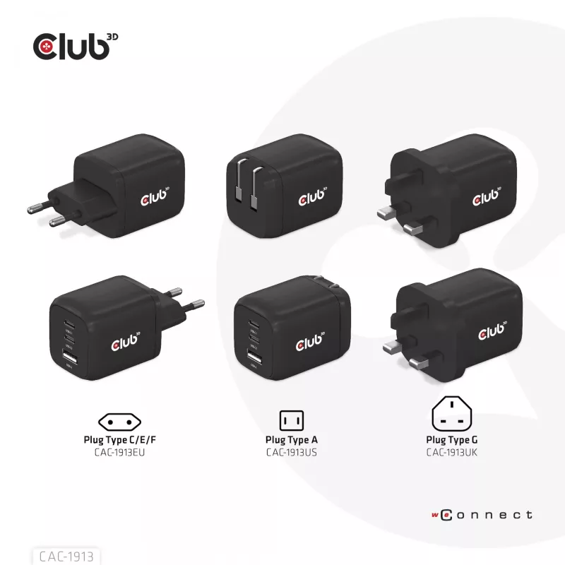 CLUB3D kelioninis įkroviklis PPS 65W GAN technologija, trigubas prievadas (2x USB Type-C + USB Type-A), palaiko Power Delivery (PD) 3.0