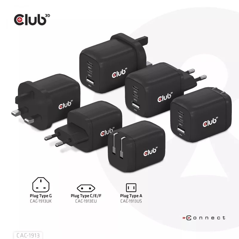 CLUB3D kelioninis įkroviklis PPS 65W GAN technologija, trigubas prievadas (2x USB Type-C + USB Type-A), palaiko Power Delivery (PD) 3.0