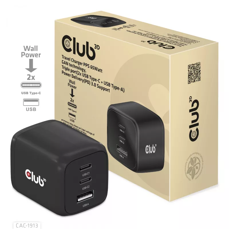 CLUB3D kelioninis įkroviklis PPS 65W GAN technologija, trigubas prievadas (2x USB Type-C + USB Type-A), palaiko Power Delivery (PD) 3.0