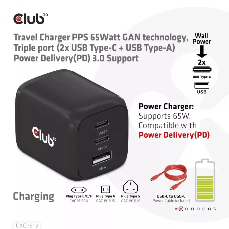 CLUB3D kelioninis įkroviklis PPS 65W GAN technologija, trigubas prievadas (2x USB Type-C + USB Type-A), palaiko Power Delivery (PD) 3.0