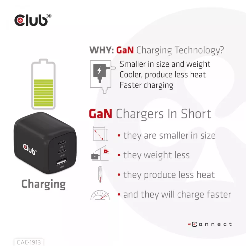 CLUB3D kelioninis įkroviklis PPS 65W GAN technologija, trigubas prievadas (2x USB Type-C + USB Type-A), palaiko Power Delivery (PD) 3.0
