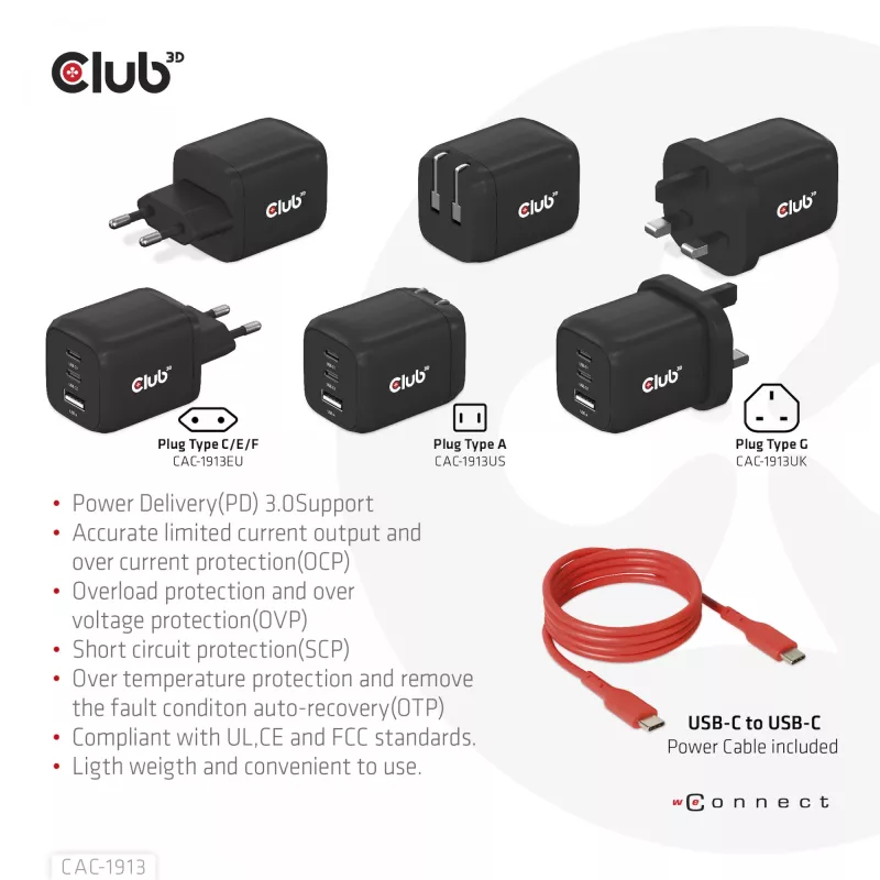 CLUB3D kelioninis įkroviklis PPS 65W GAN technologija, trigubas prievadas (2x USB Type-C + USB Type-A), palaiko Power Delivery (PD) 3.0
