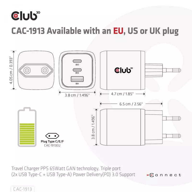 CLUB3D kelioninis įkroviklis PPS 65W GAN technologija, trigubas prievadas (2x USB Type-C + USB Type-A), palaiko Power Delivery (PD) 3.0