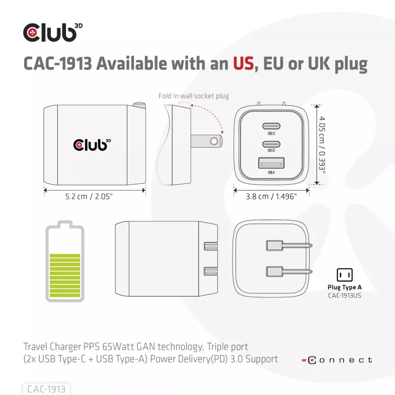 CLUB3D kelioninis įkroviklis PPS 65W GAN technologija, trigubas prievadas (2x USB Type-C + USB Type-A), palaiko Power Delivery (PD) 3.0
