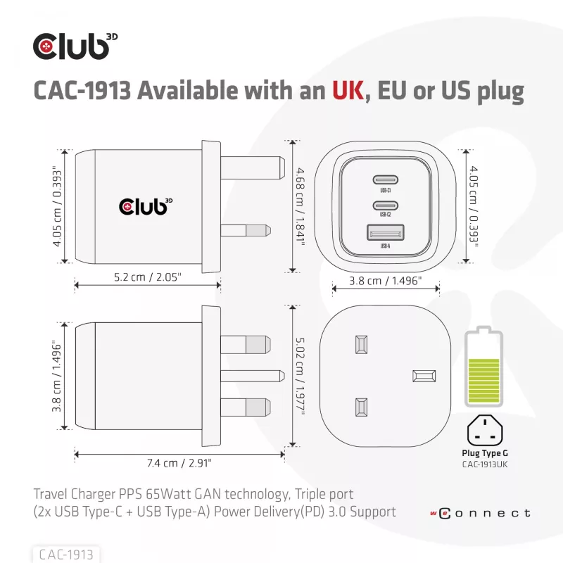 CLUB3D kelioninis įkroviklis PPS 65W GAN technologija, trigubas prievadas (2x USB Type-C + USB Type-A), palaiko Power Delivery (PD) 3.0