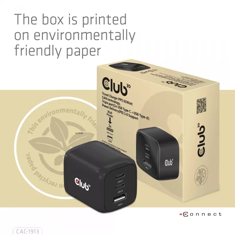 CLUB3D kelioninis įkroviklis PPS 65W GAN technologija, trigubas prievadas (2x USB Type-C + USB Type-A), palaiko Power Delivery (PD) 3.0