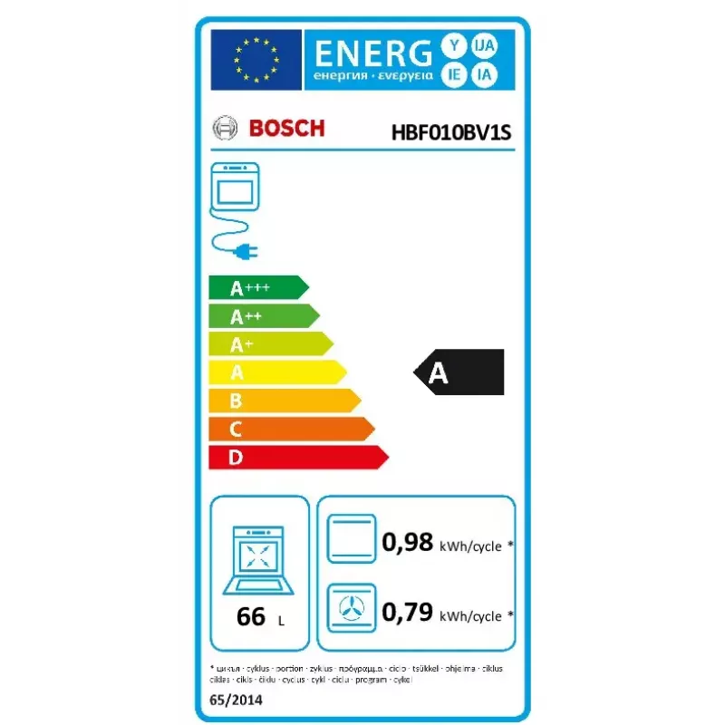 Įmontuojama elektrinė orkaitė Bosch Serie 2 HBF010BV1S — 66 l, sukamieji reguliatoriai, halogeninė lempa, A klasė, balta