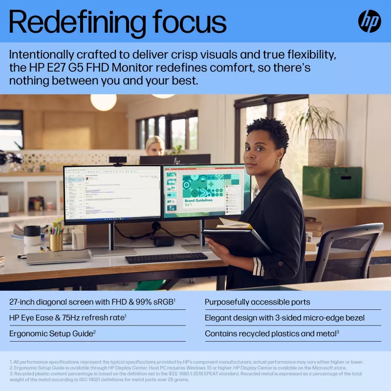 HP E27 G5 FHD Monitorius, 68,6 cm (27 colių), 1920 x 1080 pikselių, Full HD, LCD, 5 ms, Juoda