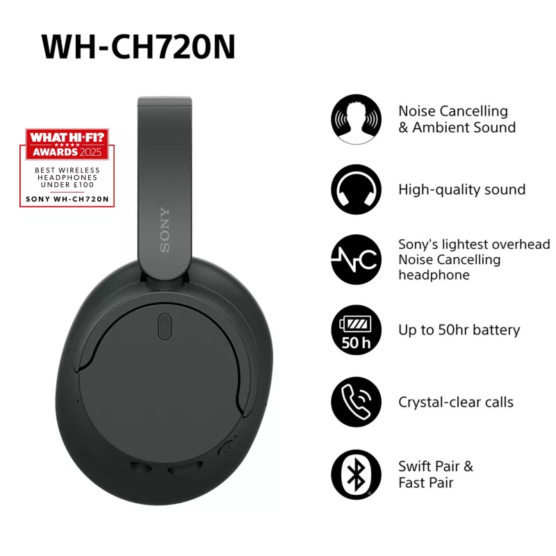 Sony WH-CH720 ausinės laidinės ir belaidės, ant galvos, skambučiams/muzikai, USB Type-C, Bluetooth, juodos